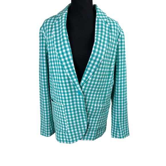 QVC Susan Graver Yarn Dyed Woven Gingham Boyfriend Blazer NWOT TURQUOISE SIZE 12 - Picture 2 of 6